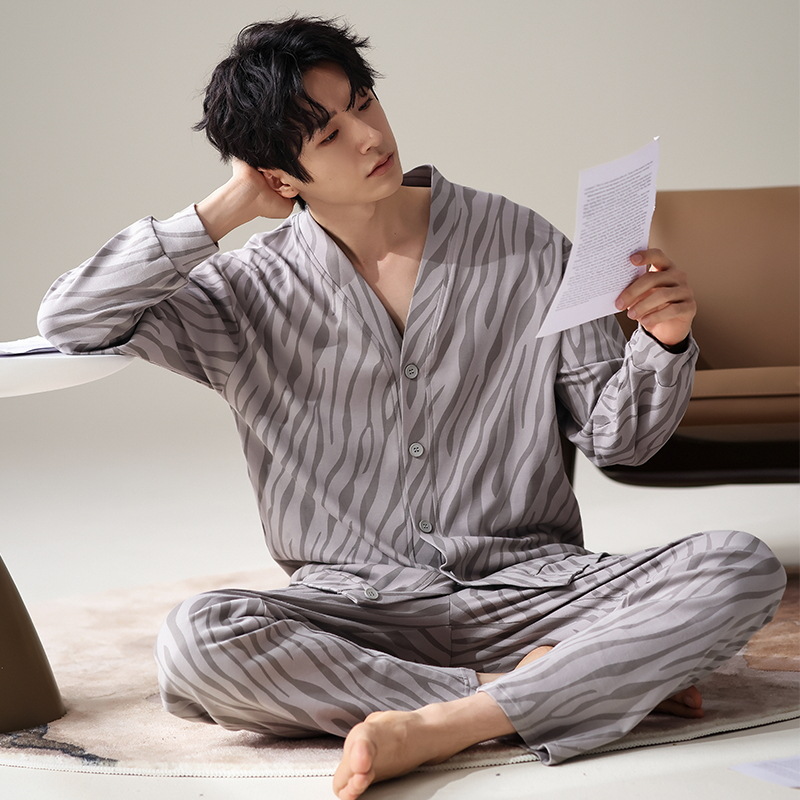 Pijama de hombre primavera y otoño algodón cardigán de manga larga kimono juvenil se puede usar grande algodón conjunto de ropa de casa