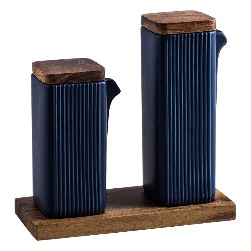 Creativo simple cuadrado recto grano condimento botella cocina suministros de dos piezas aceite vinagre olla cerámica condimento botella traje de madera bandeja