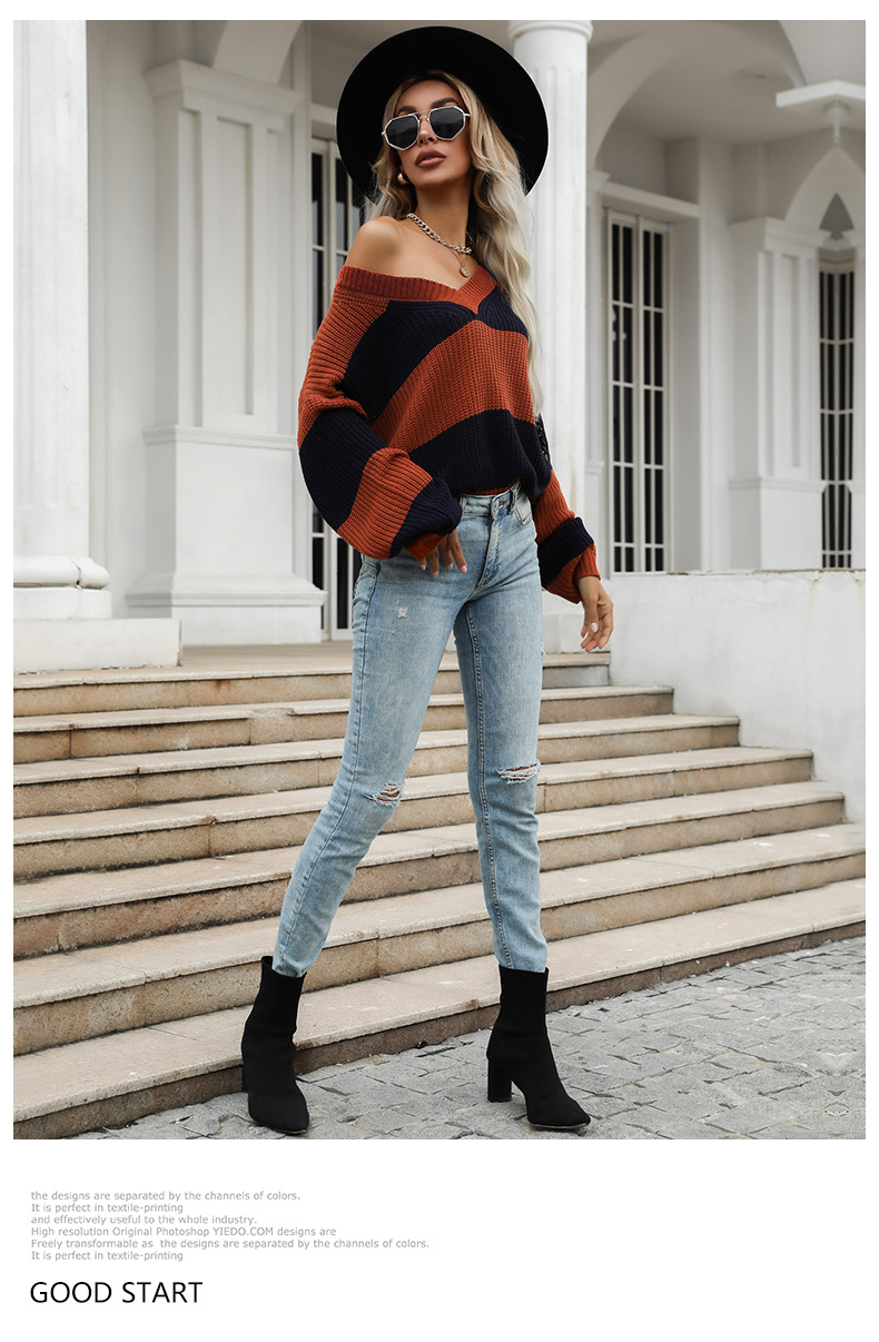 spring and autumn women s v-neck knitting stripes pullover sweater nihaostyles wholesale clothing NSDMB80628