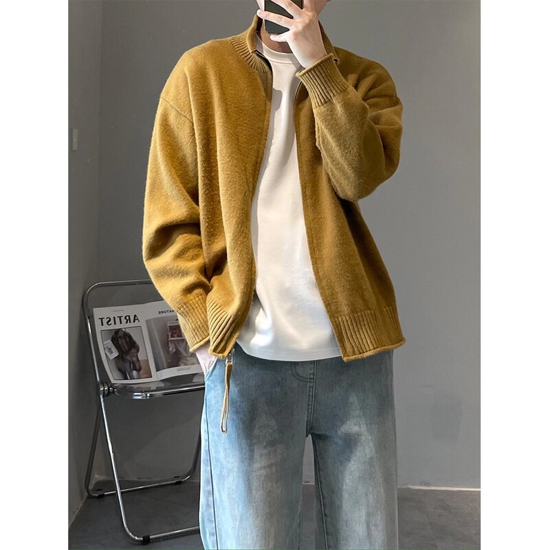 Yellow Zipper Sweater Jacket for Men, Trendy and High-End, Sunny and Handsome Boyfriend Style Spring Wear Knitted Cardigan Jacket