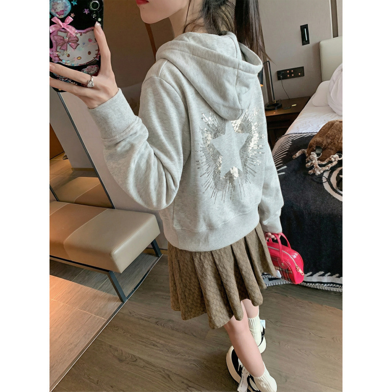 Special offer thin sweatshirt for women, new autumn style, short zip-up jacket with pentagram sequins and hood Special offer thin sweatshirt for women, new autumn style, short zip-up jacket with pentagram sequins and hood