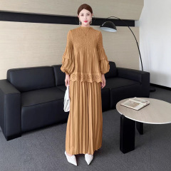 时尚简约褶皱套装女秋季新款气质通勤压褶上衣高腰阔腿裤两件套