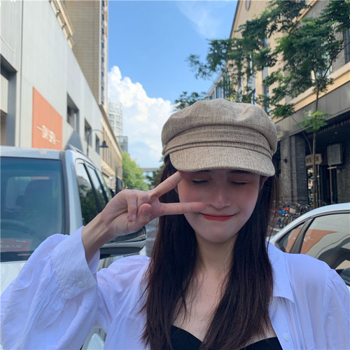 Summer Internet celebrity Japanese retro white flat top cotton linen navy cap female autumn duckbill ins British style octagonal beret 