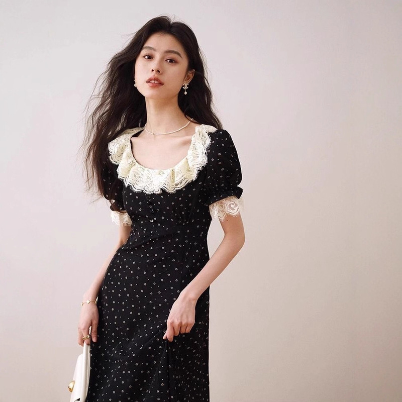 Black French-Style Ruffle Collar Sweet Floral Dress 2026 Summer New Mid-Length Light Luxury Short-Sleeve Tea Break Dress