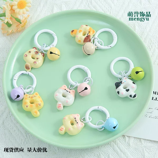 Cartoon Cute Donut Cat Spring Ring DIY Pendant Candy-Colored Bell Accessory Keychain Bag Charm