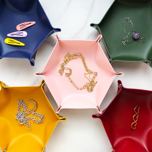 Cross-border hexagonal leather storage box Nordic style dice tray pu lipstick cosmetics leather storage box