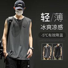 男夏季宽松潮牌速干冰丝无袖背心坎肩网眼大码运动健身纯色t恤潮