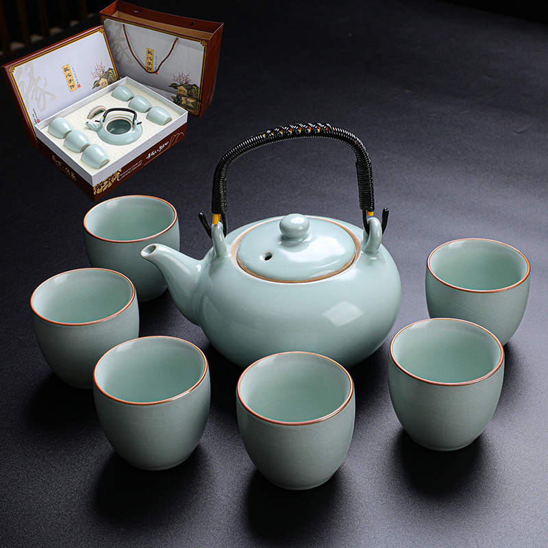 Honey-colored Ge Kiln Lift Lift Pot Kung Fu Tea Set Household Ceramic Large Teapot Teacup Opening Gift Wholesale
