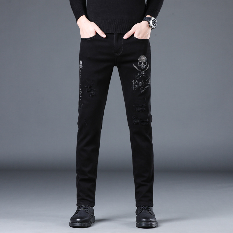 2022 autumn and winter fashion brand skull hot rhinestone jeans men's fashion ripped scraping slim fit skinny fashion pants