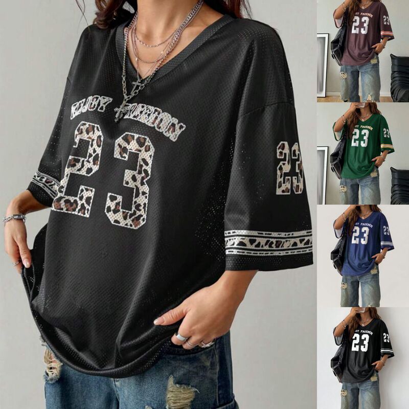 Plus-Size American-Style Letter and Number Print Jersey T-Shirt for Women, Mid-Length, Loose Fit, V-Neck, Mesh Short Sleeves Plus-Size American-Style Letter and Number Print Jersey T-Shirt for Women, Mid-Length, Loose Fit, V-Neck, Mesh Short Sleeves