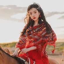 大红色拍照棉麻围巾沙漠防晒披肩海边旅游沙滩青海茶卡盐湖纱巾女