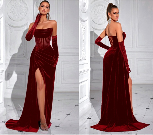 Nuevo vestido de terciopelo coreano transfronterizo sexy de hueso de pez, vestido de fiesta de pecho, vestido largo de alta gama al por mayor