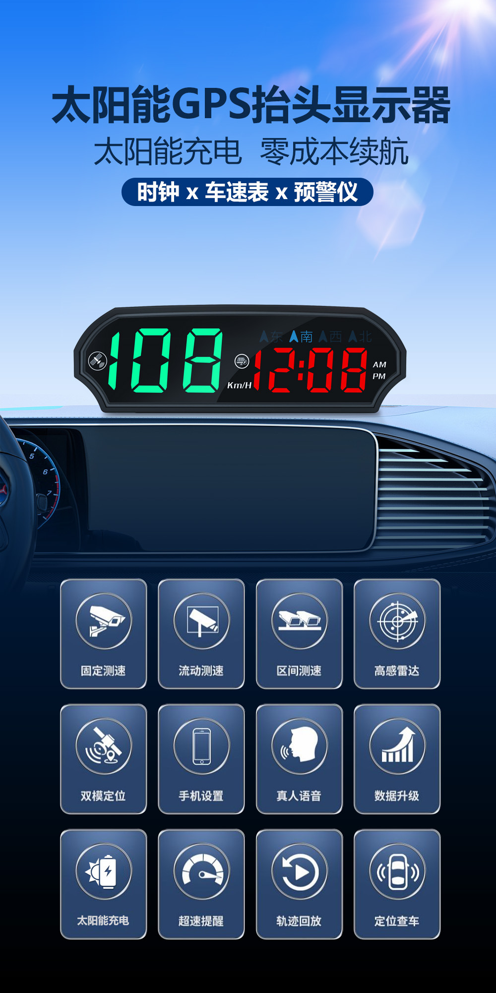 Car-Mounted Solar-Powered Hud Head-Up Display with High-Definition Gps and Dual-Mode Beidou Strong Signal, Universal Vehicle Speed Display Instrument