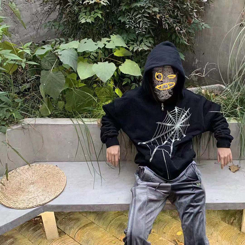 2024 Autumn Winter Casual Loose Coat Top Spider Rhinestone Print Long Sleeve Zipper Hooded Sweatshirt Unisex_voghion.com