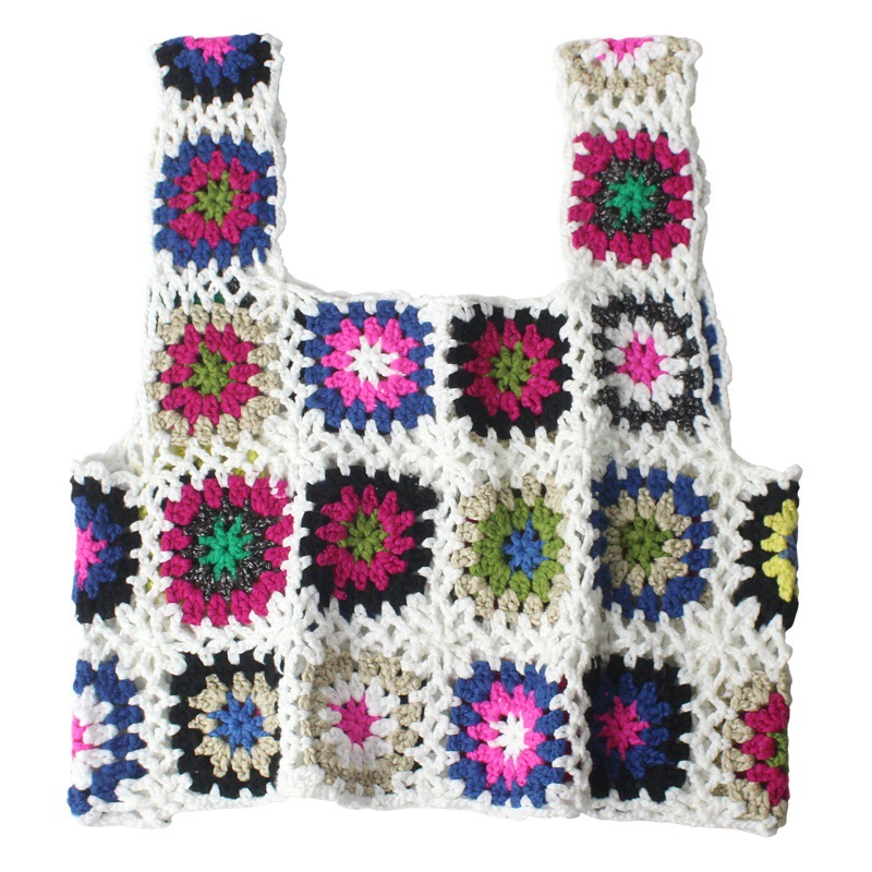 Разноцветный вязаный крючком кимоно-топ с вышивкой и ажурным узором для женщин, короткий фасон, без рукавов, подходит для пляжного отдыха, ажурный дизайн.