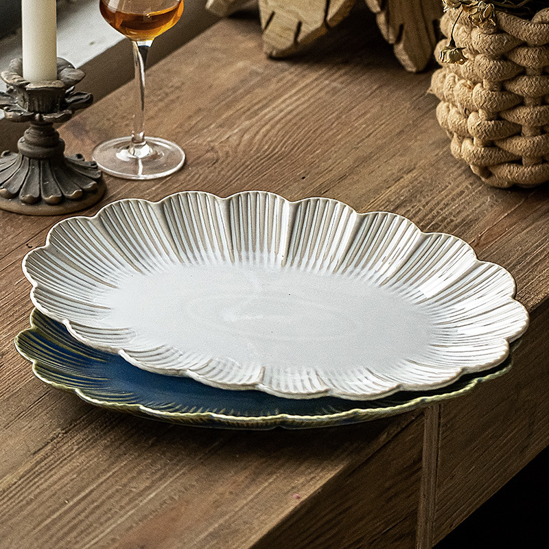 De estilo japonés de la vendimia de encaje de cerámica plato de pescado restaurante vajilla de alta calidad plato de pescado al vapor hogar micro defecto