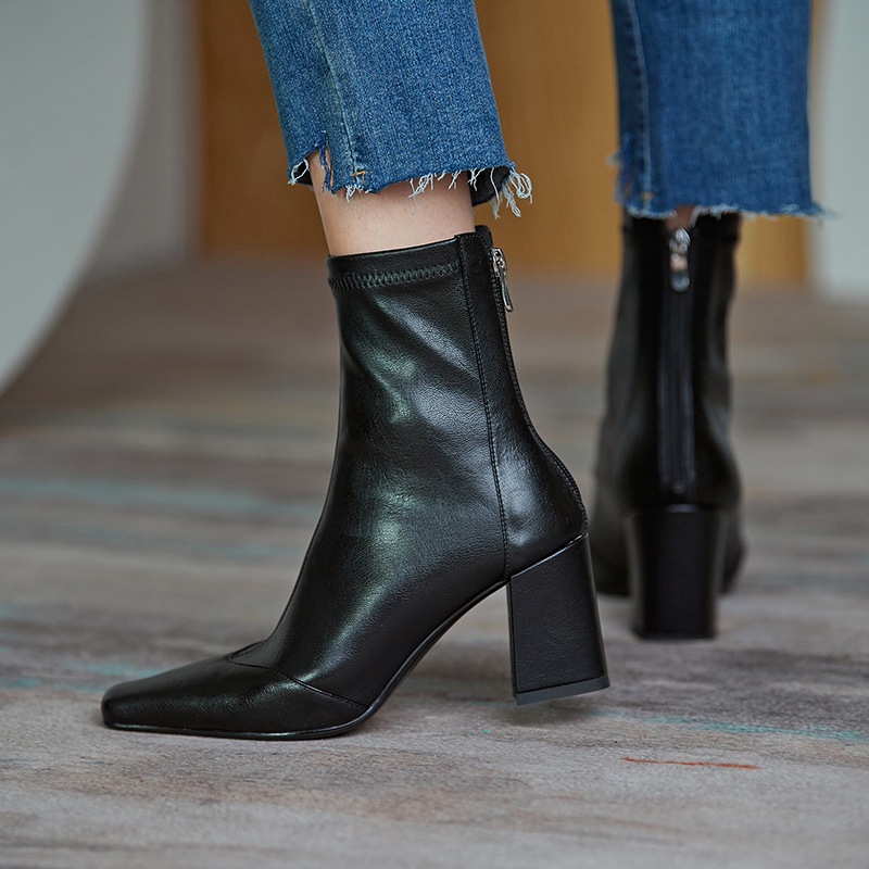 Retro universal demi-season elastic low boots square toe heels with…
