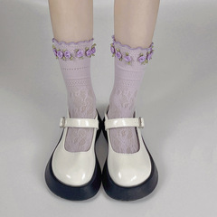 Purely alluring, sweet-style teenage purple handmade floral ruffled hollow lace fishnet socks, calf-length socks, and flouncy Lolita-inspired knee-highs.