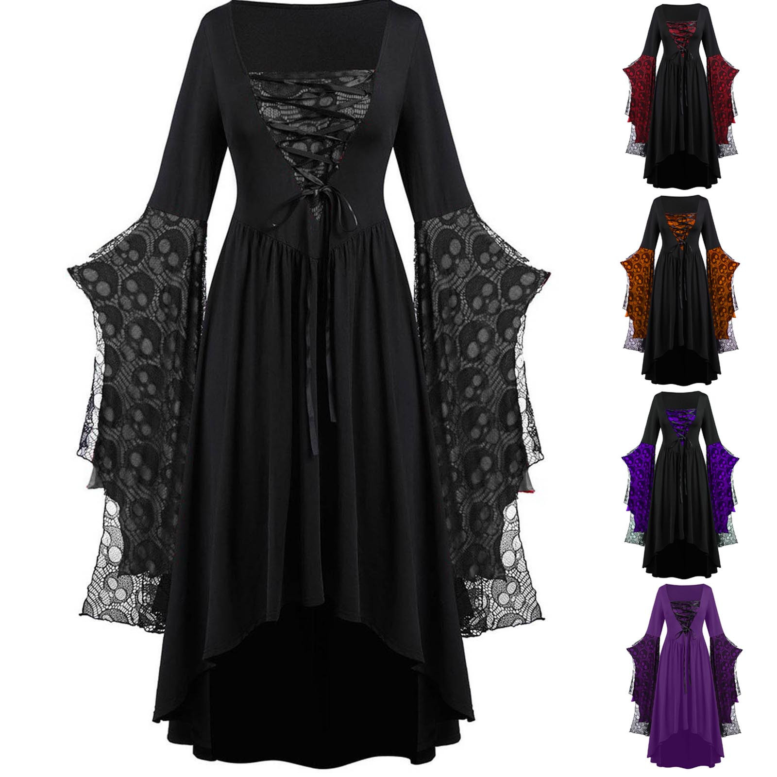 Women's Ball Gown Vintage Style Square Neck Printing Nine Points Sleeve Skull Maxi Long Dress Party Festival display picture 1