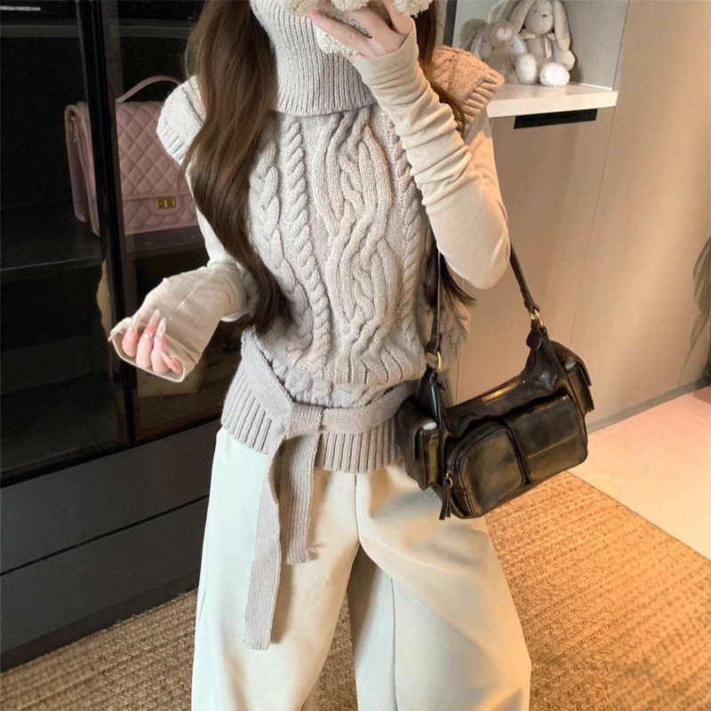 Stylish Three-Dimensional Cable-Knit High-Neck Sweater with Small Flutter Sleeves for Women, New Autumn and Winter Style, Layered Cable-Knit Vest Top