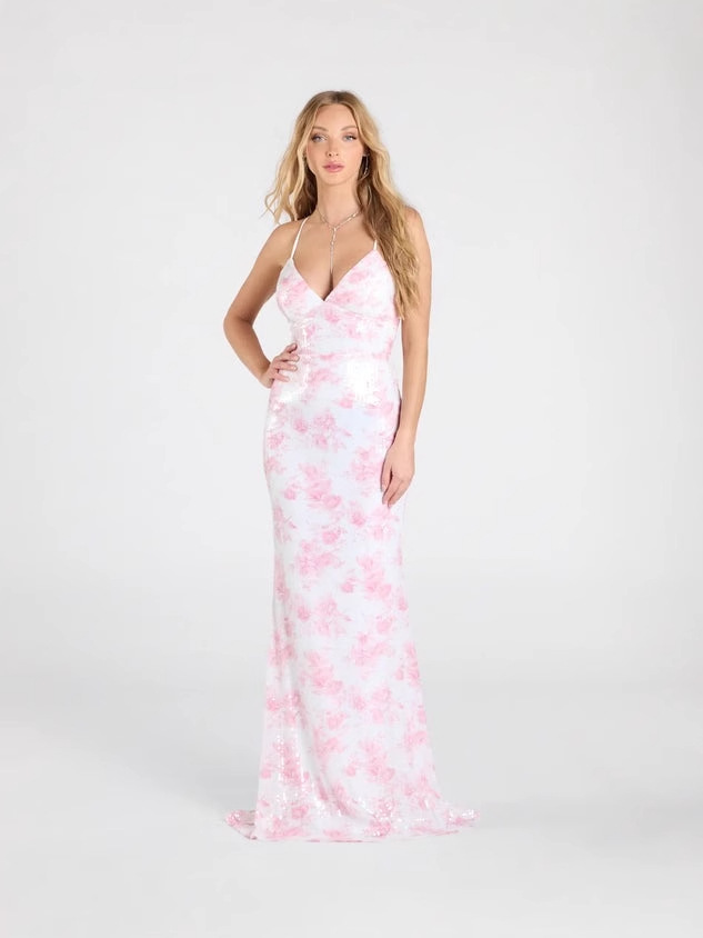 Venta caliente transfronteriza europea y americana nueva fiesta de las mujeres europeas y americanas floral rosa lentejuelas vestido sexy vestido vestido de noche