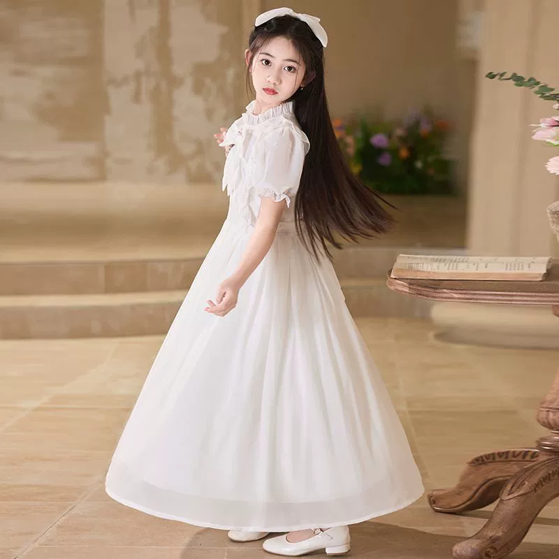 [Французские пышные рукава] Длинная юбка для девочек, летнее белое платье, новое платье принцессы выше колена, супер сказочный стиль, снег
