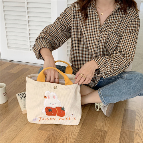 11097 Cute Cartoon Rabbit Embroidered Canvas Bag Corduroy Tote Bag Female Student Work Commuting Lunch Bag