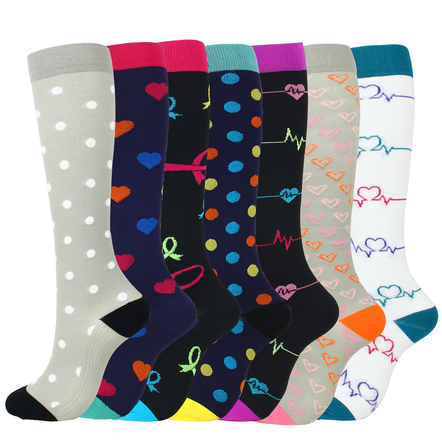 Winter, Summer, Spring Season Jacquard Design Sports Style Sports Multicolor Polka Dots Heart Shape Jacquard Over The Knee Socks 2 Pieces
