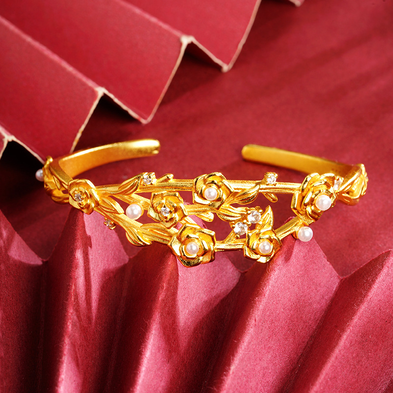 Nuevo brazalete de oro de arena vietnamita nicho de alto nivel flor imitación de perla brazalete de apertura de moda no se desvanece joyería