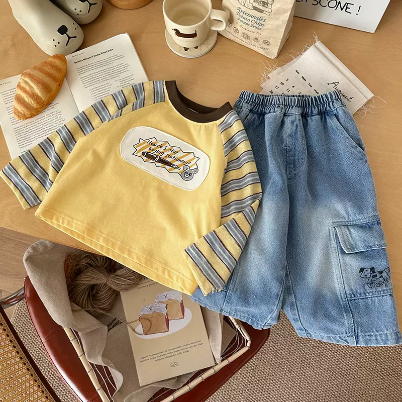 【现货】CY265656男童T恤2026春季新款拼接条纹时尚长袖T恤春装