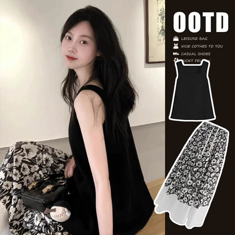Pregnant Women Summer suit Black Sleeveless Floral Skirt Summer 2025 New Unique Beautiful Small Pregnant Women suit