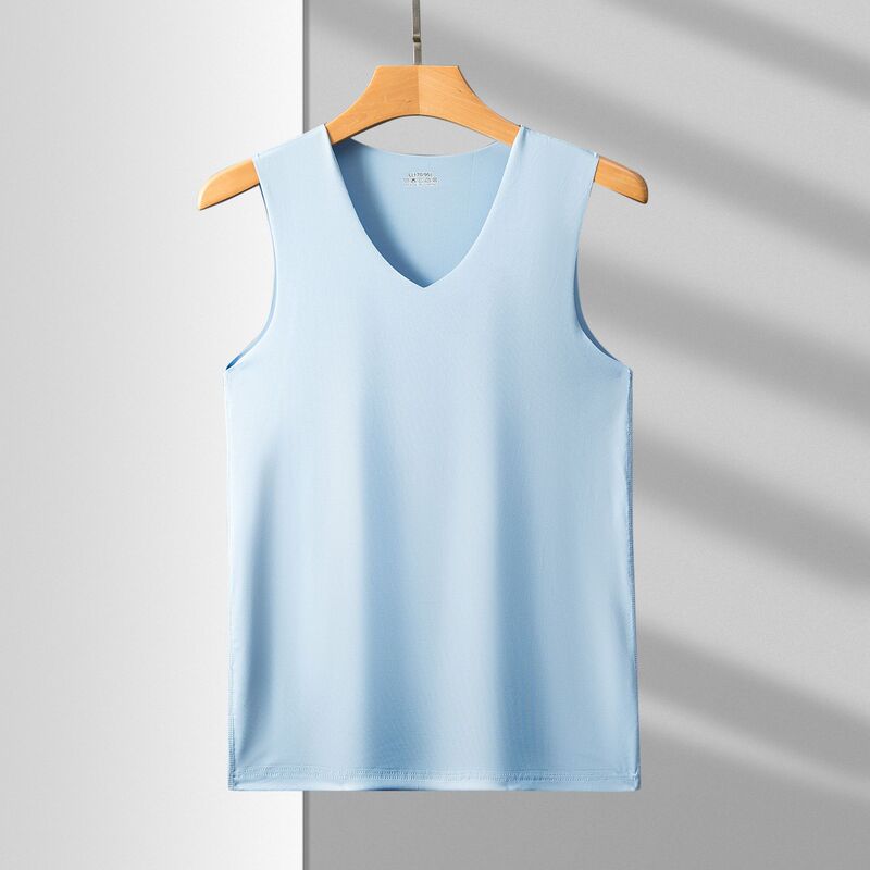 Large Size Ice Silk Vest Men's Rimless Sports Base Shirt V-neck Sleeveless T-shirt Summer Thin Solid Color Stretch Men's Wear