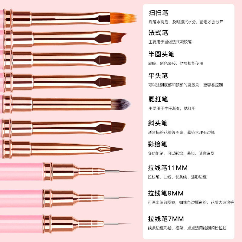 Juego de bolígrafos de uñas rosas transfronterizas 10 varillas de metal para dibujar líneas de dibujo de flores, fábrica de bolígrafos de uñas de barrido pintados