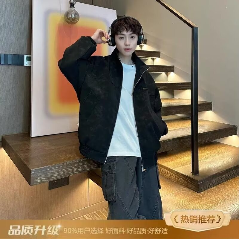 林社长2025春装新款立领皮衣外套男女美式复古潮流机车皮夹克|undefined