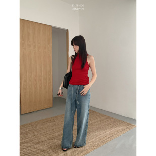 [No Return, No Exchange] Strappy High-Waisted Jeans for Women, Loose Slimming Look Long Pants, Versatile Straight-Leg Pants for Small People