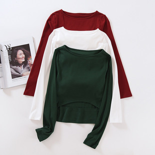 Crewneck High Waist T-Shirt with Bra Cup One-piece Navel-exposed Long-sleeved Slim-fit Base Shirt with Chest Pad for Autumn and Winter Women