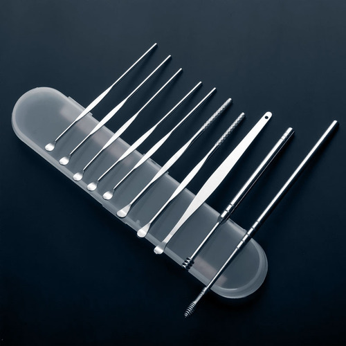 Stainless steel ear cleaning kit, 10-piece set, double-headed spring-loaded ear scoop, ear cleaning tool set