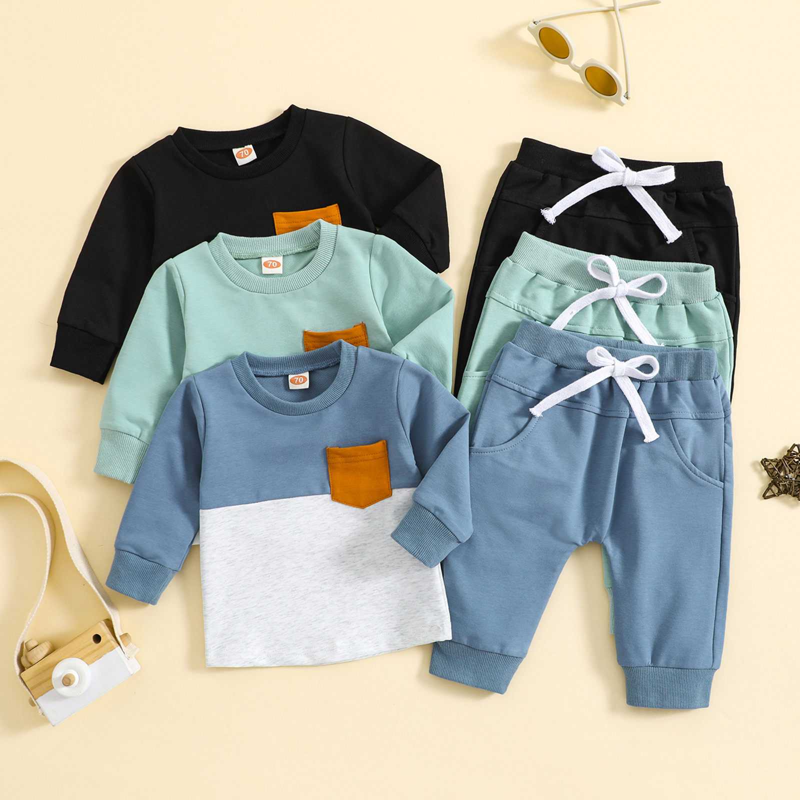 Baby clothing boy's suit Children's new autumn and winter color matching round neck long sleeve pants suit_voghion.com