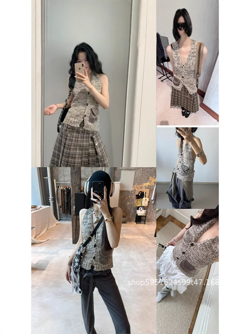 現物発送! Yy 25夏の新型レトロな首をかけて身を修めるニットのベストの上着の女性