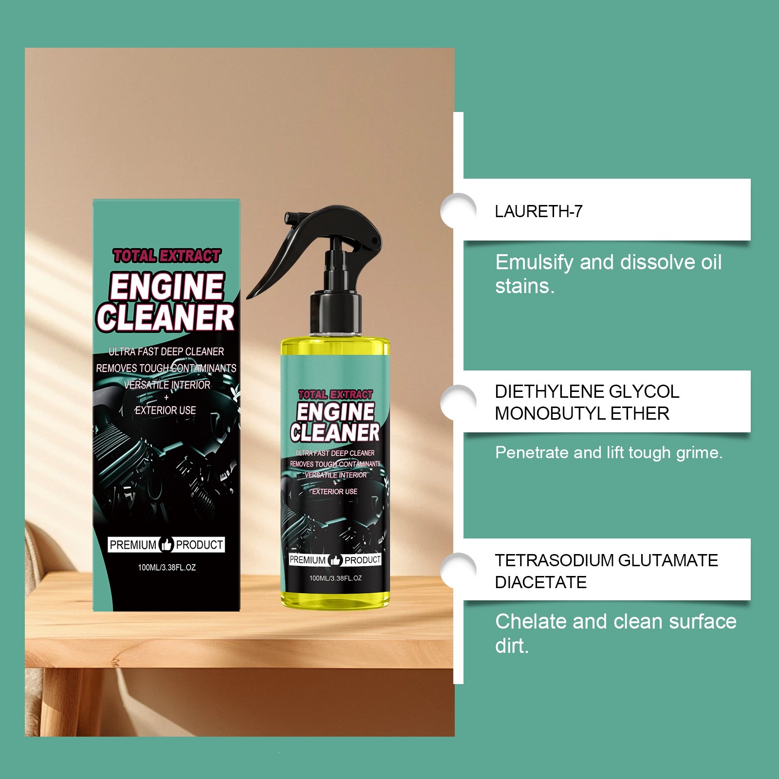 Engine cleaner for cleaning and refurbishing oil stains and carbon deposits on the surface of the car engine compartment, as well as for daily maintenance