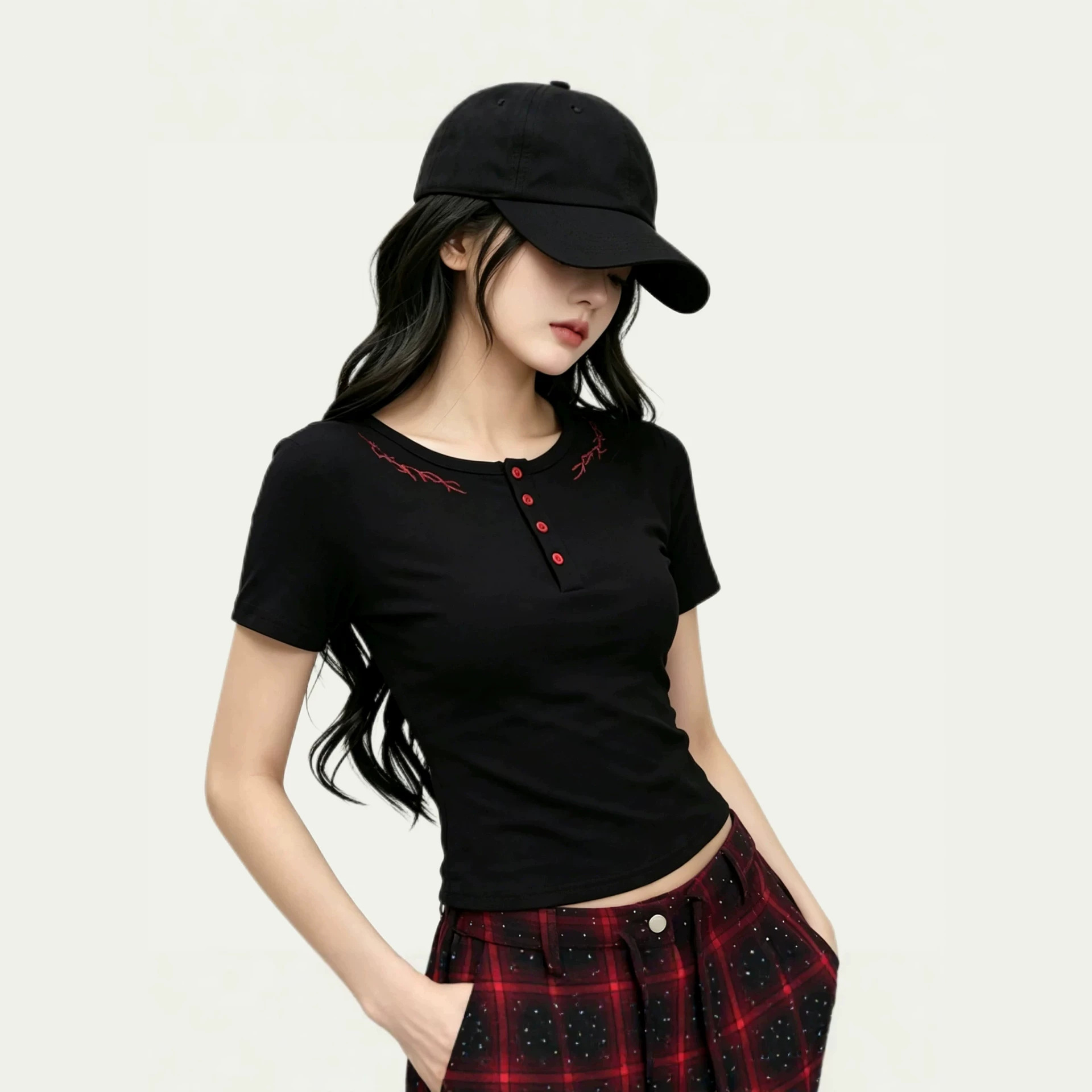 红钻百搭舞蹈服广场舞潮牌亨利领纽扣长袖T恤女春夏修身显瘦上衣
