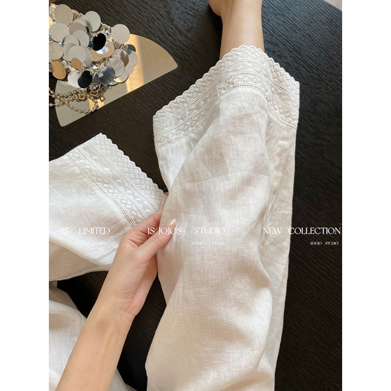 女性のための白い刺繍レースステッチリネンカジュアルパンツ夏 2025 新しいルーズ怠惰な気質痩身ワイドレッグパンツ|undefined