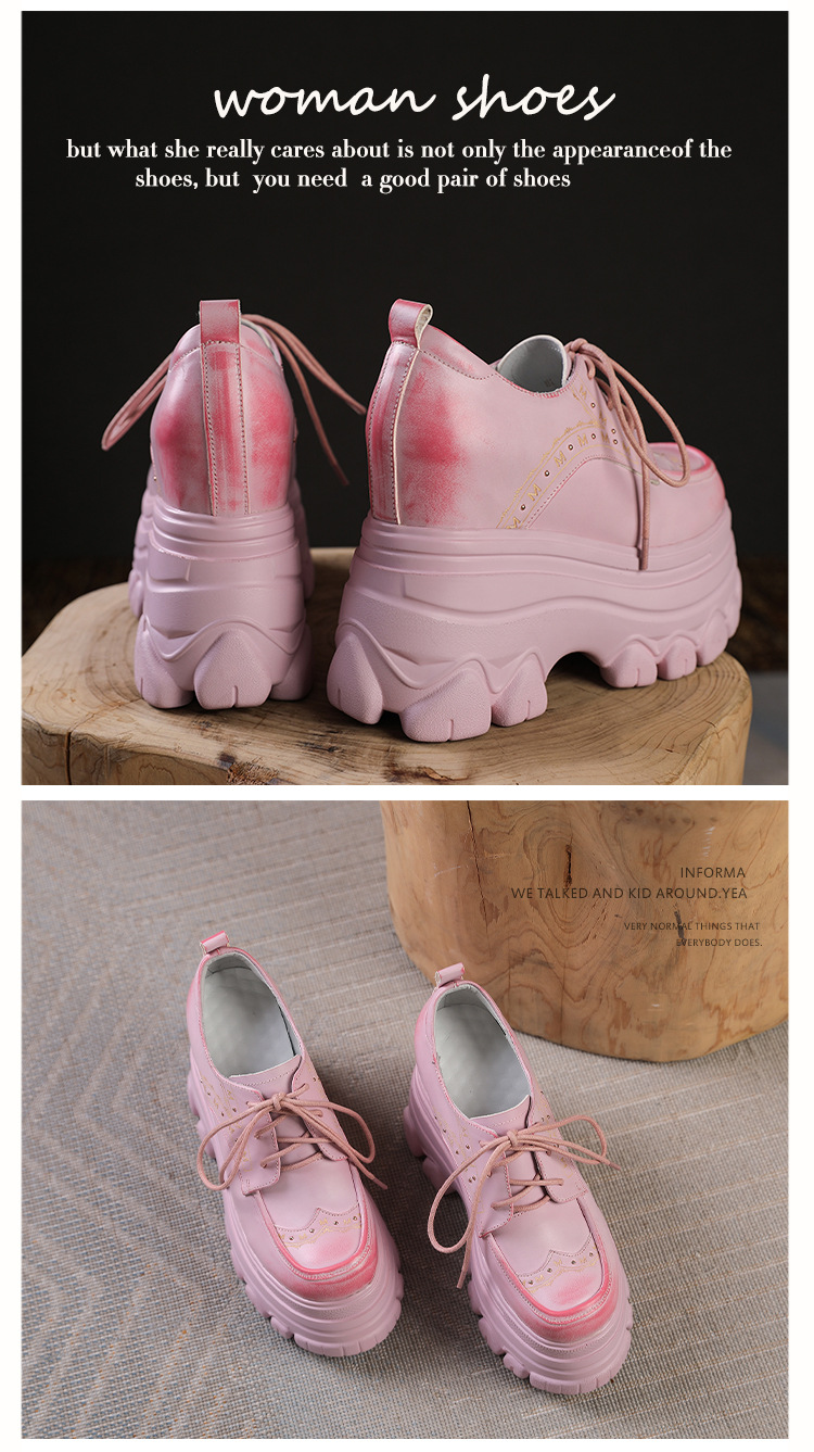 Giày sneaker nữ đế dày phong cách Anh quốc cổ điển, dây buộc, gót 12 cm — màu nâu chi tiết 14