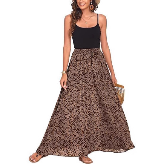 Amazon 2025 Summer European and American Popular Flowing Long Skirt Summer Beach Pleated Elastic High Waist Casual Long Skirt