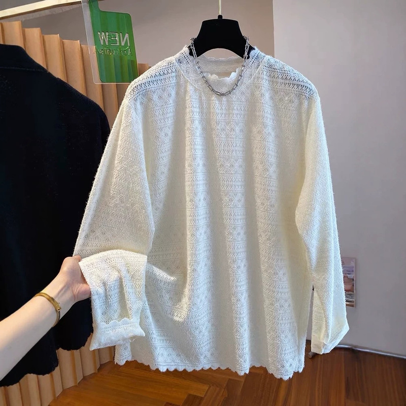 Plus-Size Women's Extra-Large Size 150kg French-Style Hollow-Out Crochet Lace Blouse, Women's Base Shirt, 2026 New Long-Sleeve Top for Women