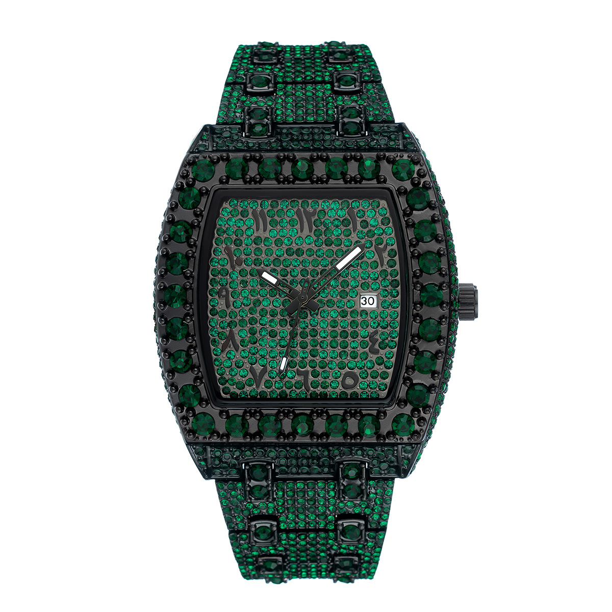 MISSFOX European And American Fashion Punk Hip Hop Full Men's Green Diamond Waterproof Calendar Quartz Watch Trendy_voghion.com