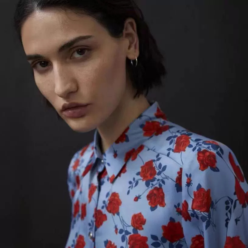 GraceChic GraceChic GraceChic Italian Pictorial Retro Oil Painting Tone Orange Withered Rose Sand Washed Mulberry Silk Turn-down Collar Long Sleeve_ecoleips.com