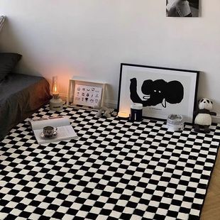 Crystal velvet black and white lattice carpet printing washable living room bedroom balcony floor mat