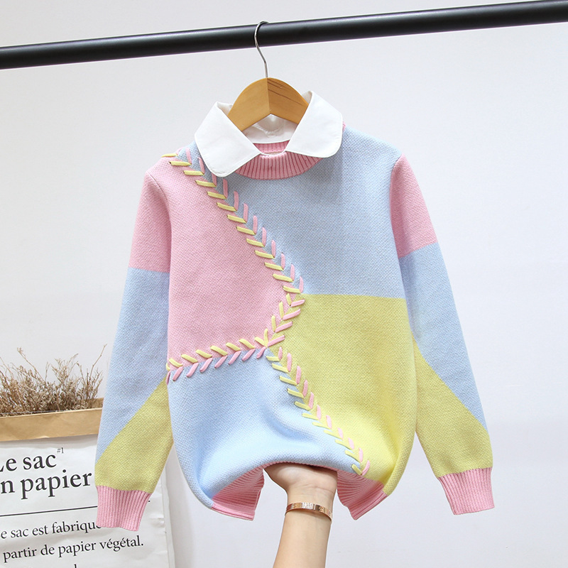 Girls' sweater spring, autumn and winter western style Primary School girls' bottoming shirt children's pullover sweater fleece-lined top sweater