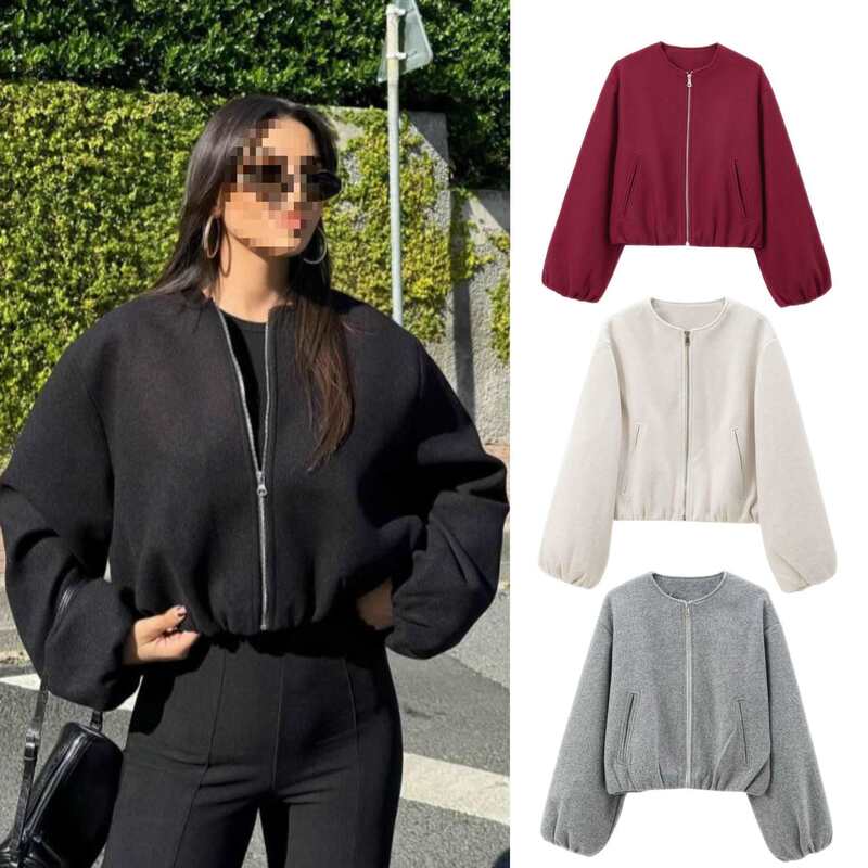 Autumn and Winter Aliexpress European and American Soft Bomber Jacket Short New Foreign Trade Women's Round Neck Cross-Border